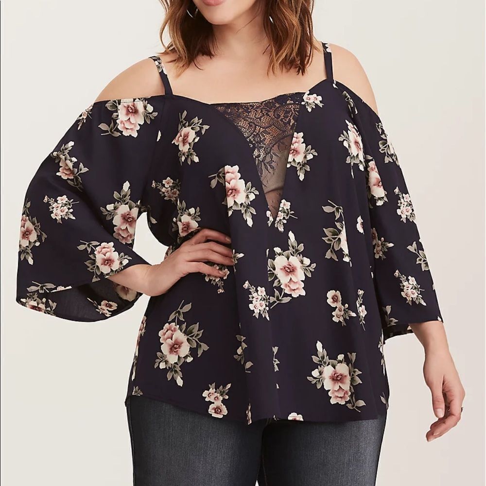 Torrid Floral print lace inset cold shoulder top 1 1x